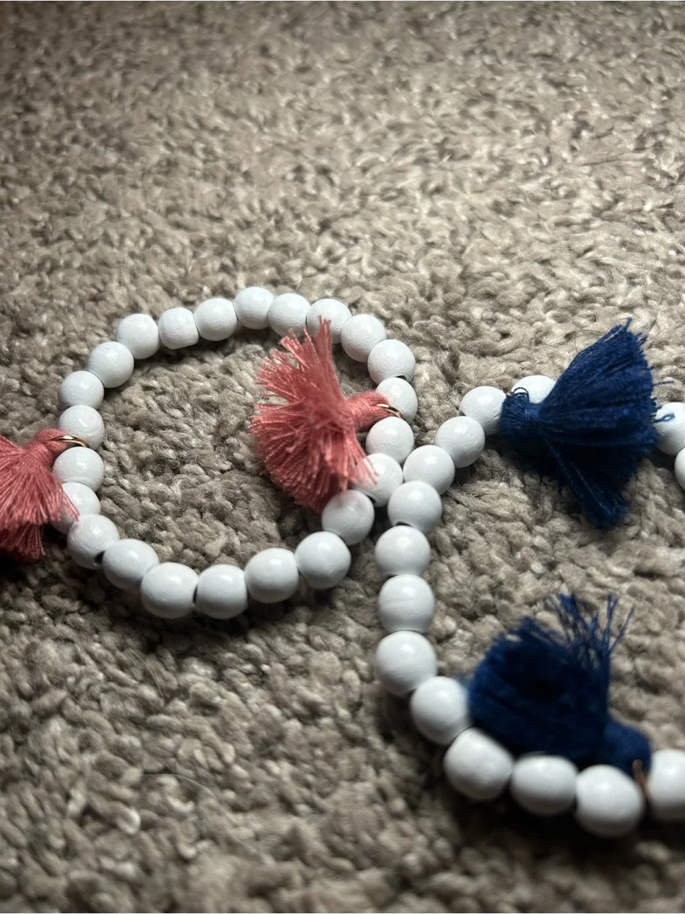 3 Pc White Beaded Bracelet Set with Pink, Navy and Teal Tassels